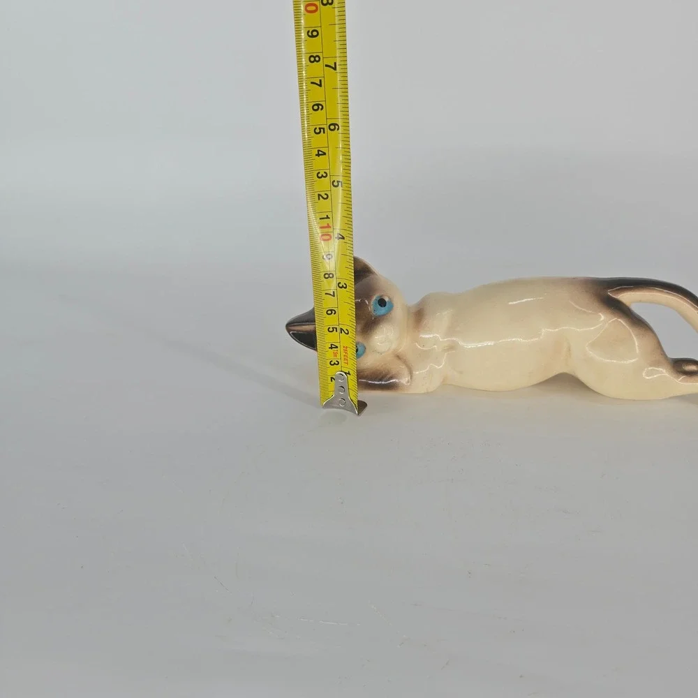 Vintage MCM Siamese Cat Figurine Blue Eyes Reclining Ceramic Kitsch Decor